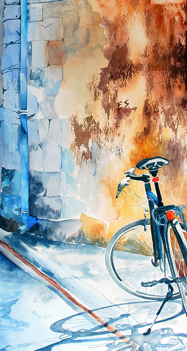 Red Rider is a painting of 2 bicycles that are standing with shadows that bring the painting to life.